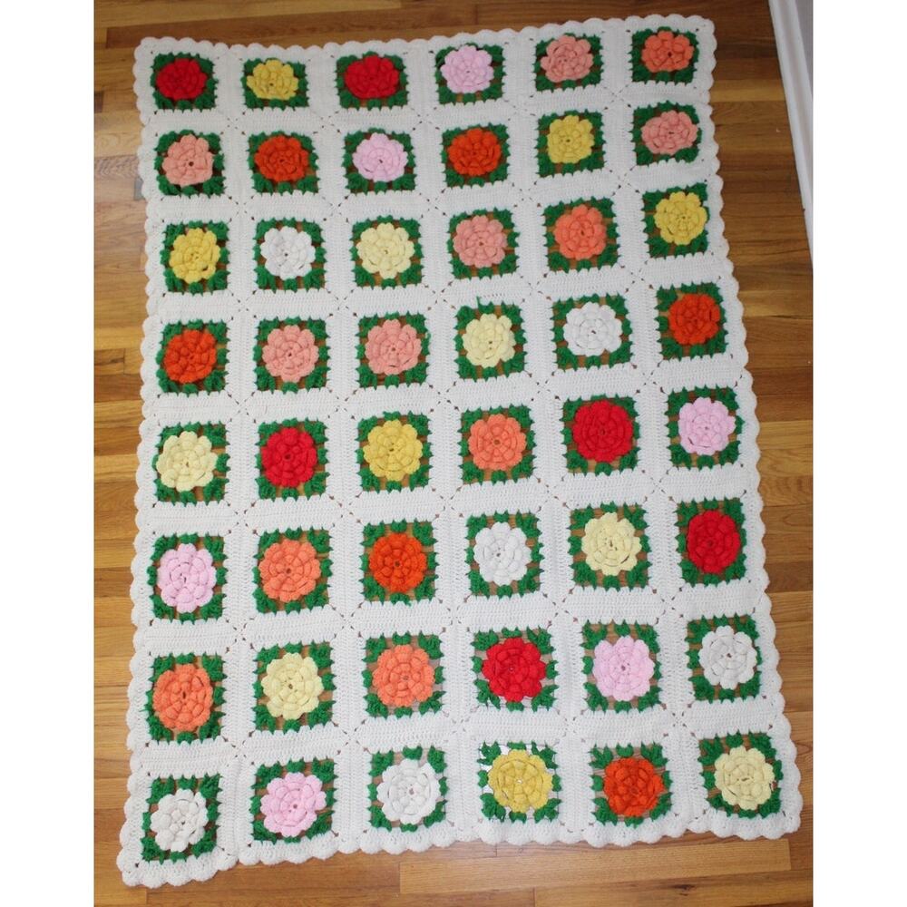 VTG Handmade 3D Crochet Multicolor Rose Flowers Granny Square Afghan 51”x66”